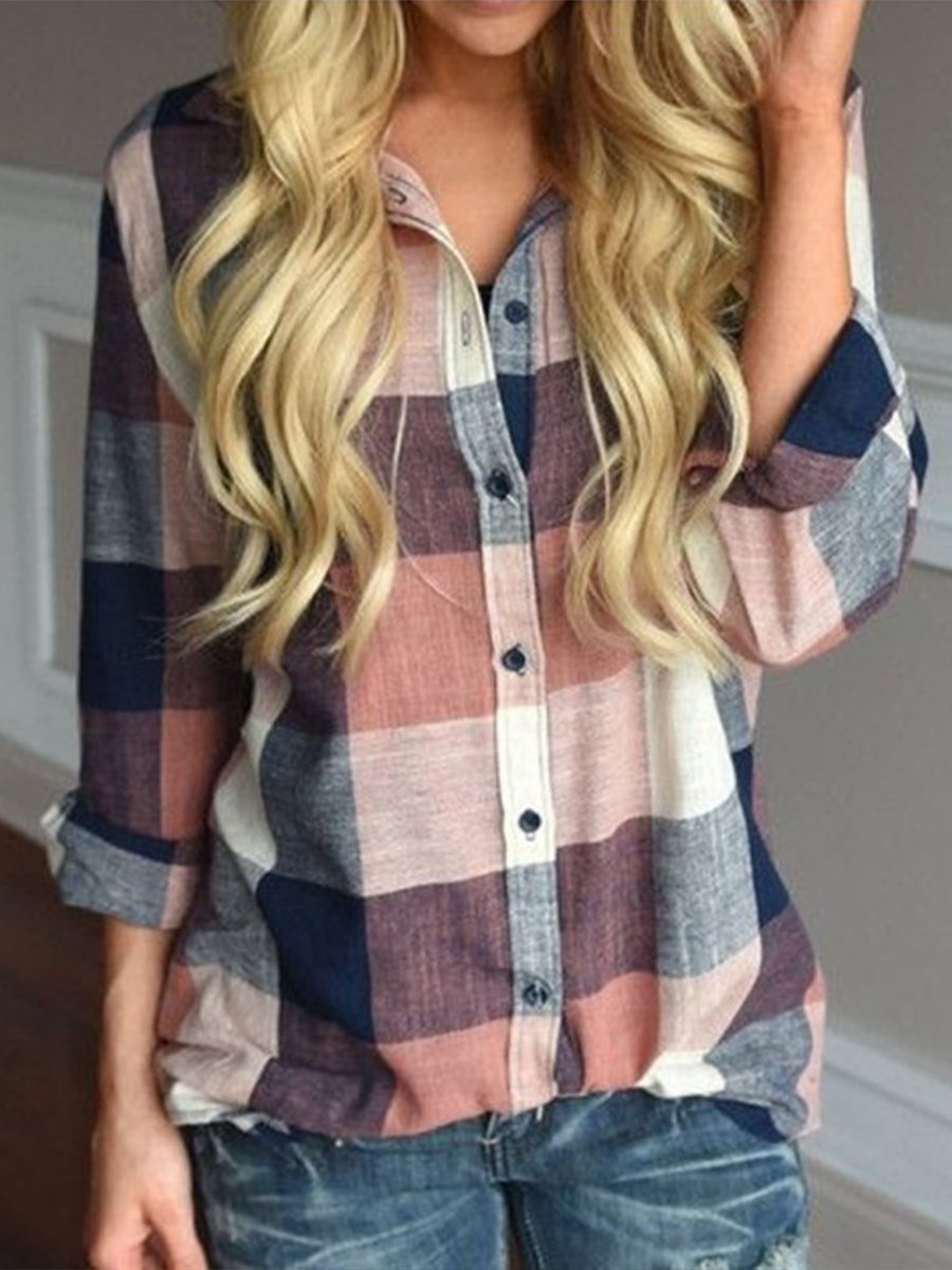 Women's Check Lapel Casual Long Sleeve Plaid Cotton Linen Shirt