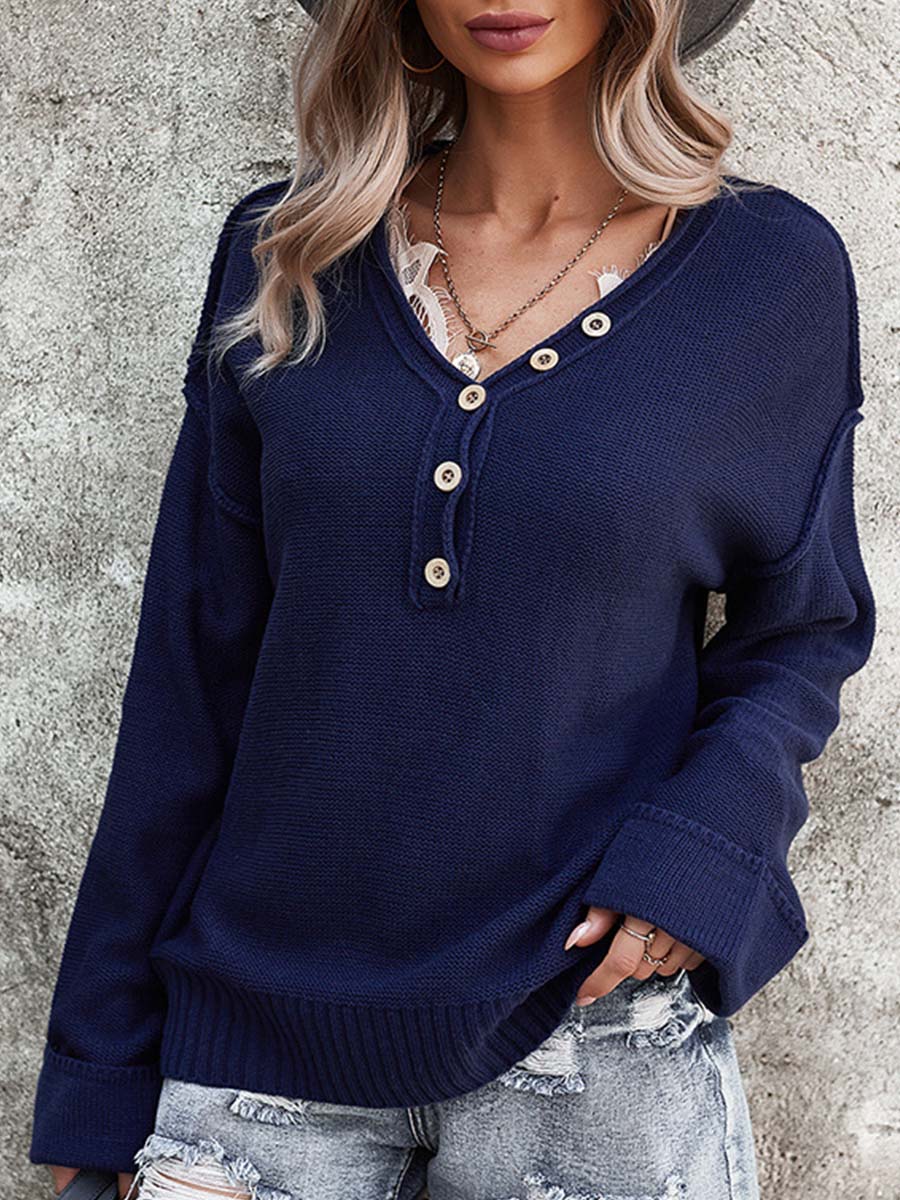 V-neck Drop-shoulder Sleeve Single-breasted Sweater