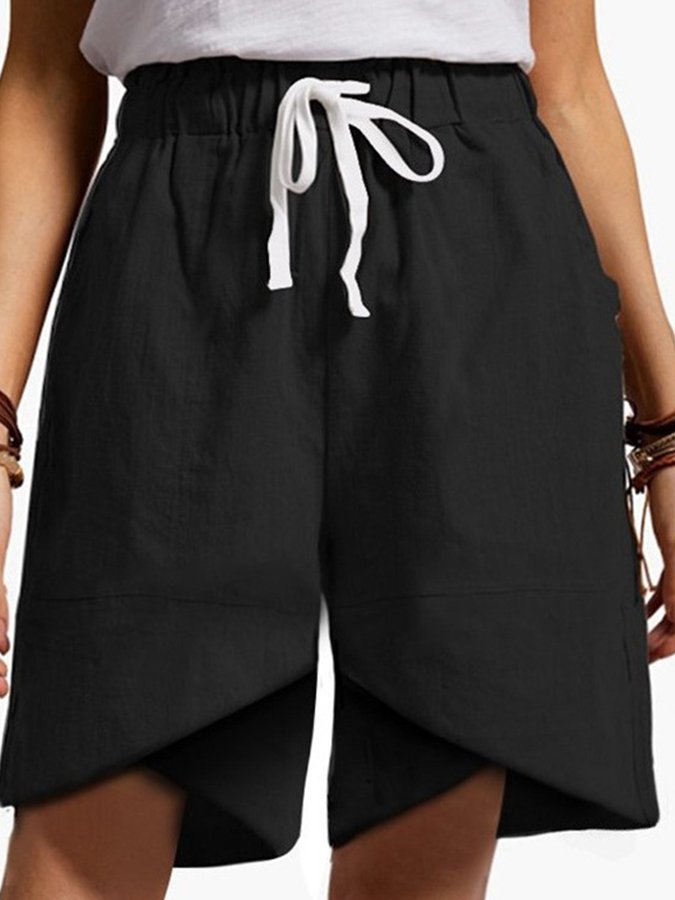 Ladies cotton and linen lace-up cross loose casual shorts