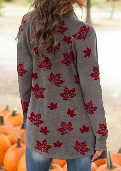 Maple Leaf Long Sleeve Casual Cardigan - Coffee
