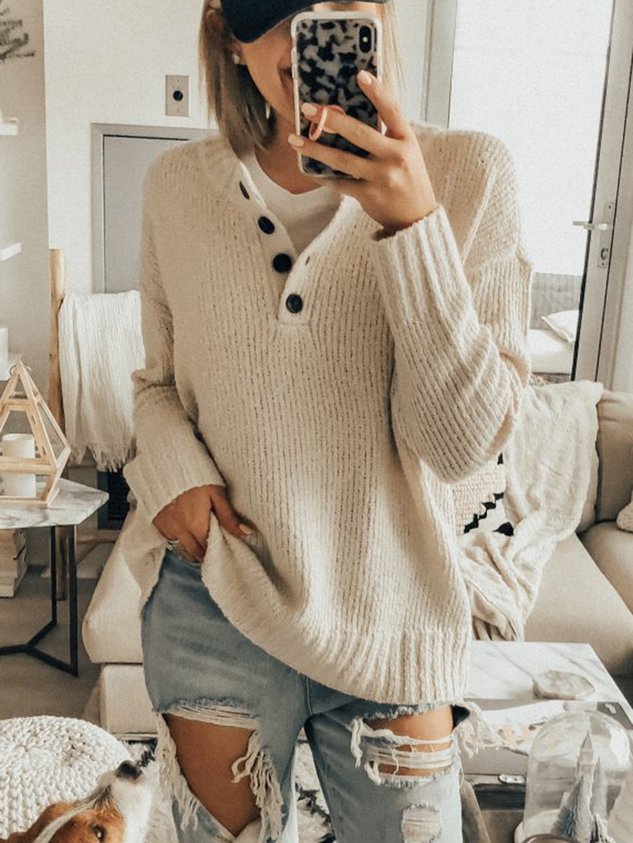 Beige Long Sleeve Casual Sweater