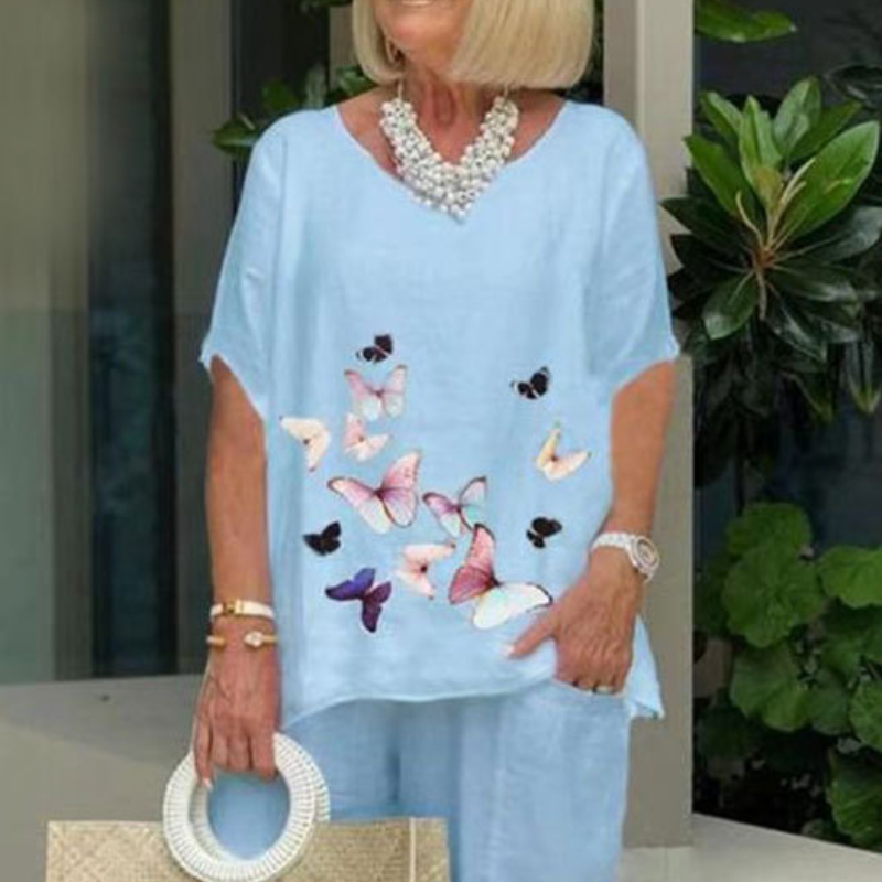 Butterfly Print Top plus Two-Piece Pants