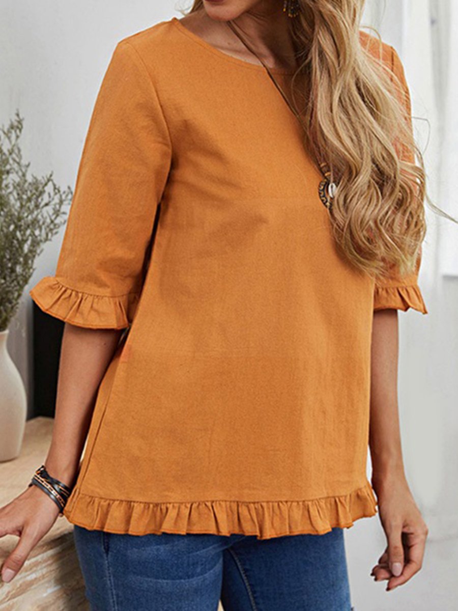 Women's Solid Color Pleated Cuff Sleeves Cotton Linen Top