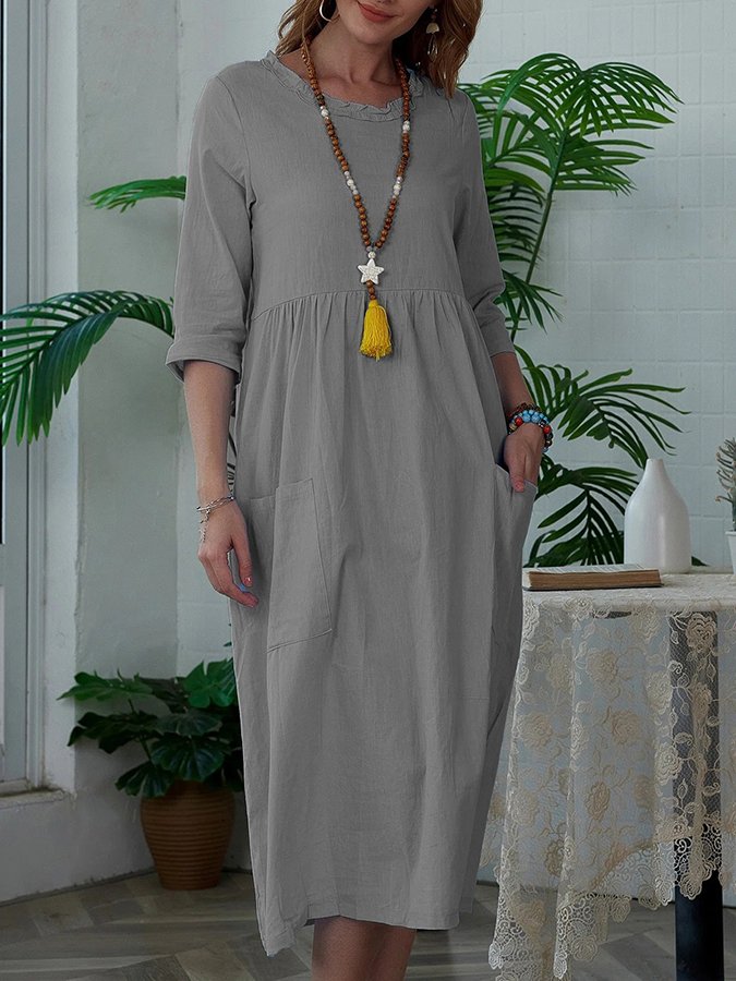 Women's Fashion Simple Solid Color Round Neck Mid Sleeve Dress