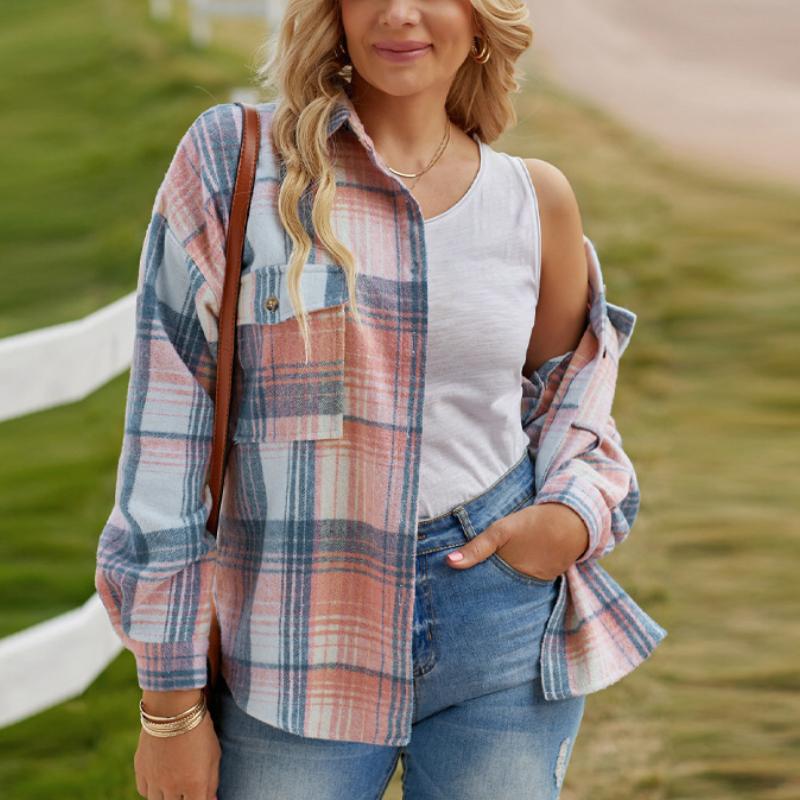 Casual plaid pattern pocket buttons women shirt