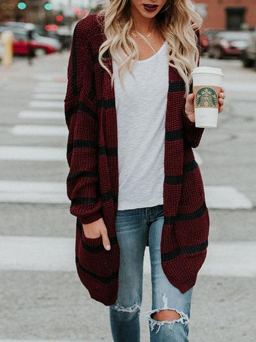 Collarless Slit Pocket Snap Front Striped Cardigan