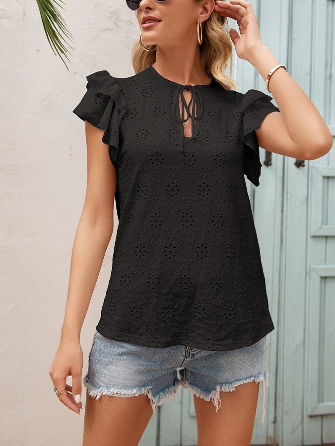 Women's Hollow Lace Up Round Neck Ruffle Sleeve T-shirt