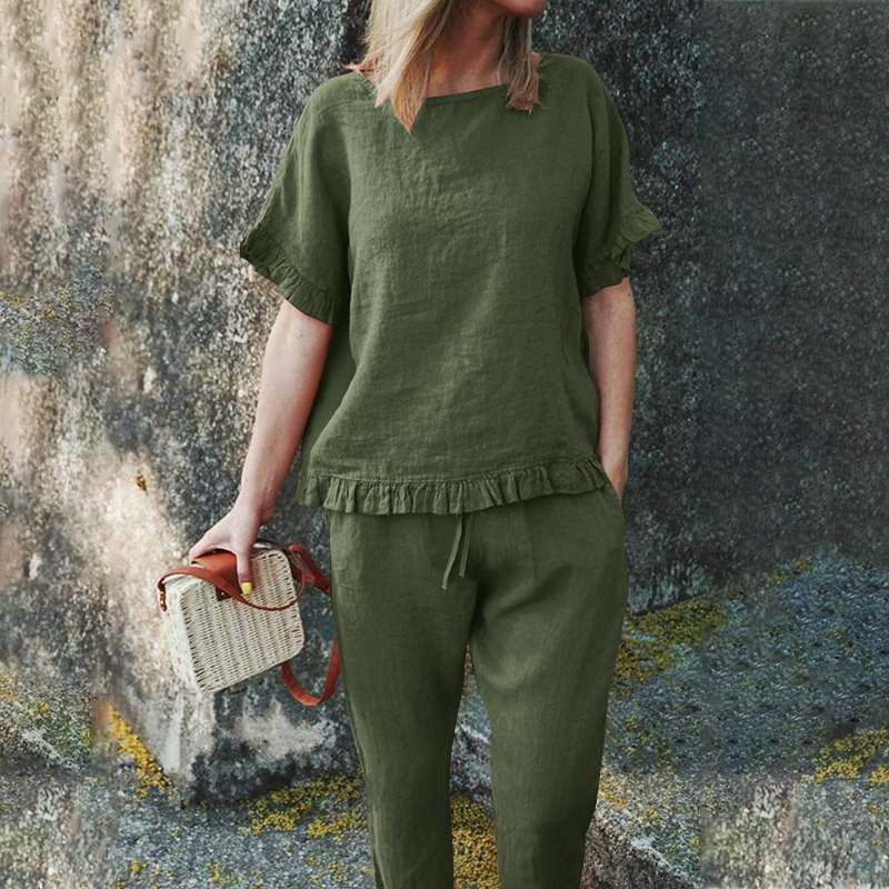Cotton and linen short sleeve top + trousers loose fitting suit