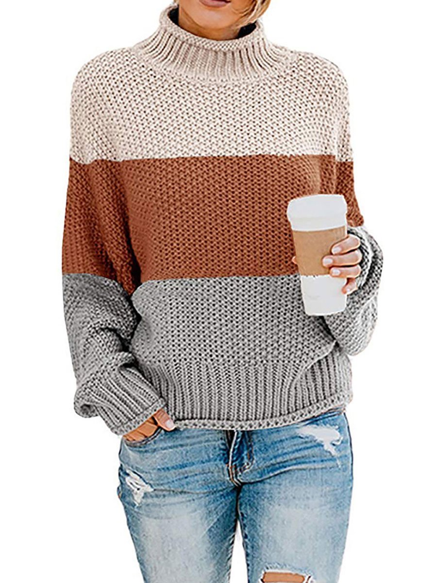 Color block turtleneck knitted sweater