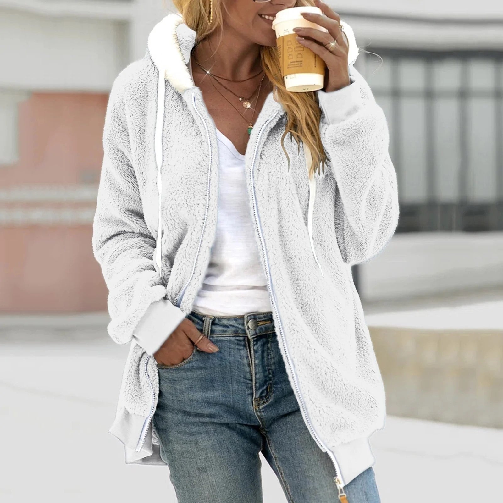 Women's Loose Plush Zip Hooded Sweater Jacket