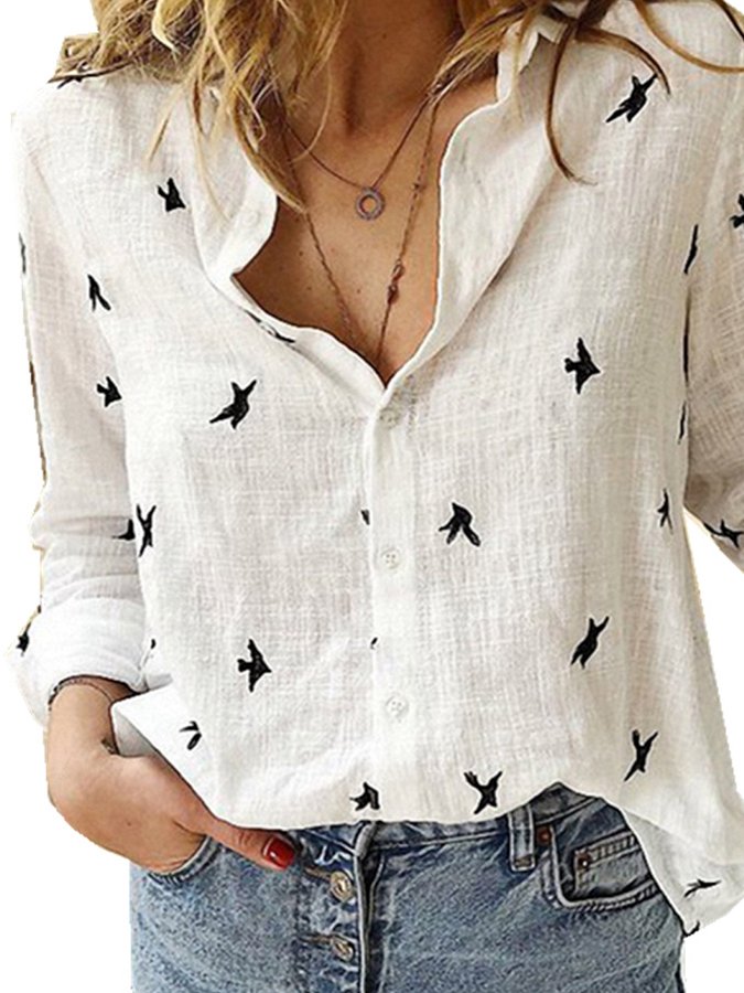 Ladies Cotton Linen Print Casual Loose Long Sleeve Shirt