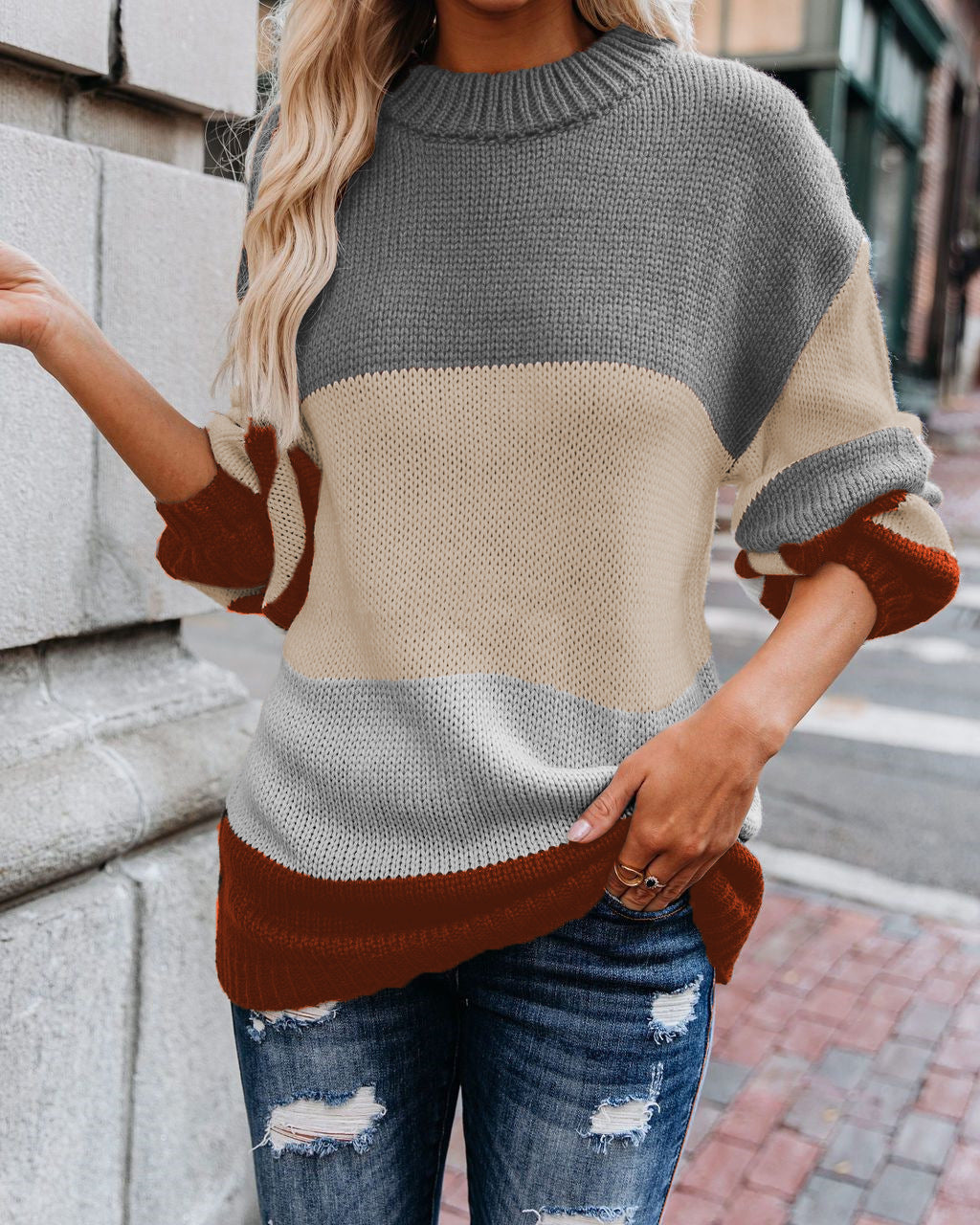 Women's Color Block Long Sleeve Sweater Top