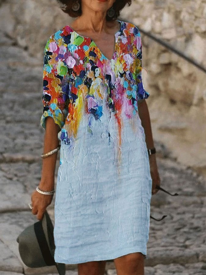 Women's Cotton Linen Oil Painting Print V-Neck Shift Dress