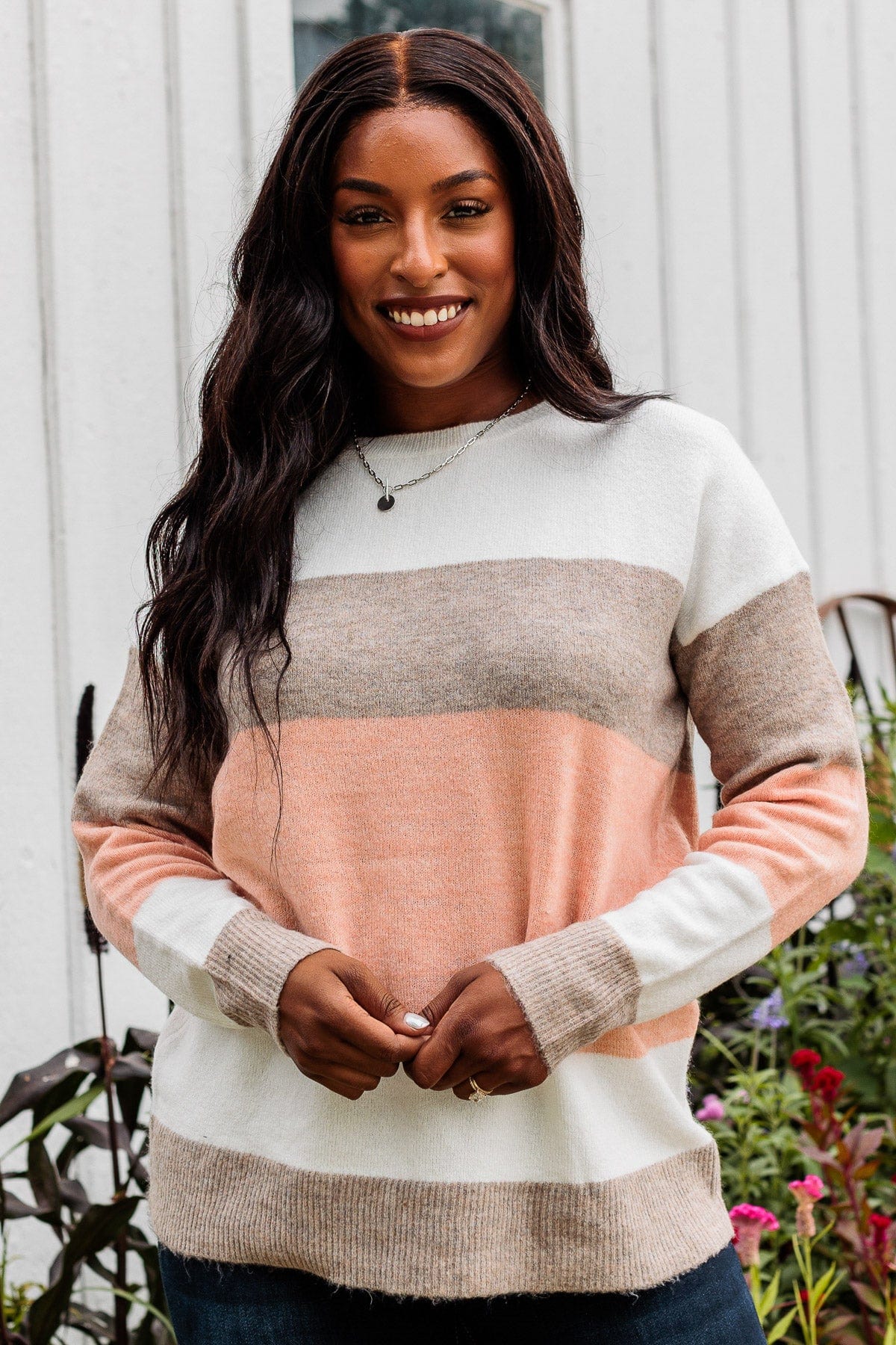 Unleash Your Shine Color Block Sweater- White, Mocha, & Pink