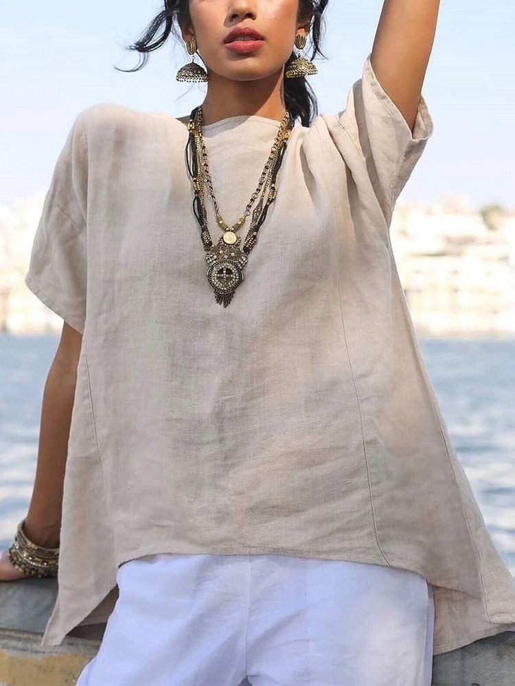 Ladies Cotton Linen Irregular Hem Panel Casual Short Sleeve Shirt