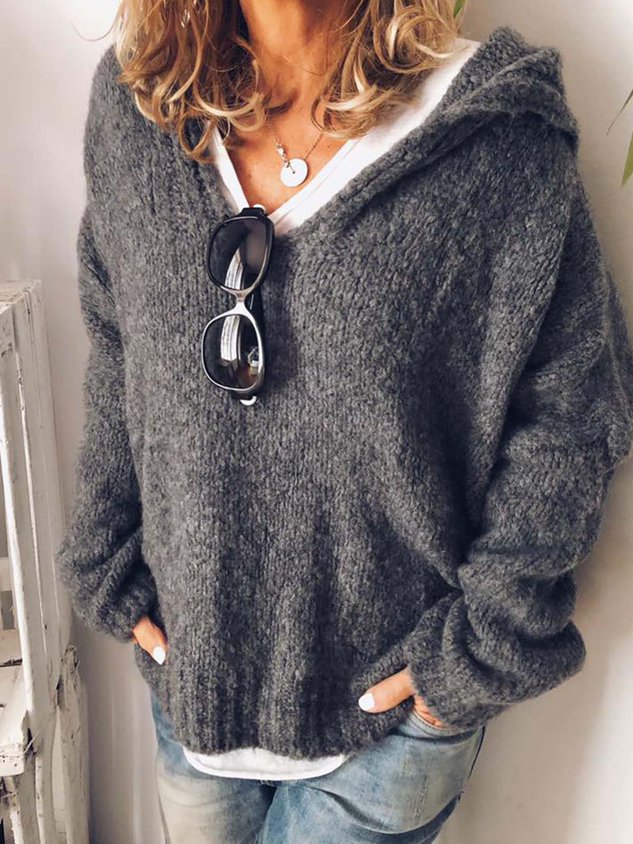 V Neck Long Sleeve Knitted Casual Hoodie Sweaters