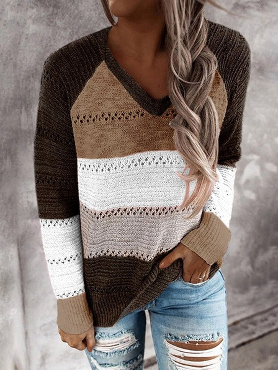 V-neck long sleeve color block sweater
