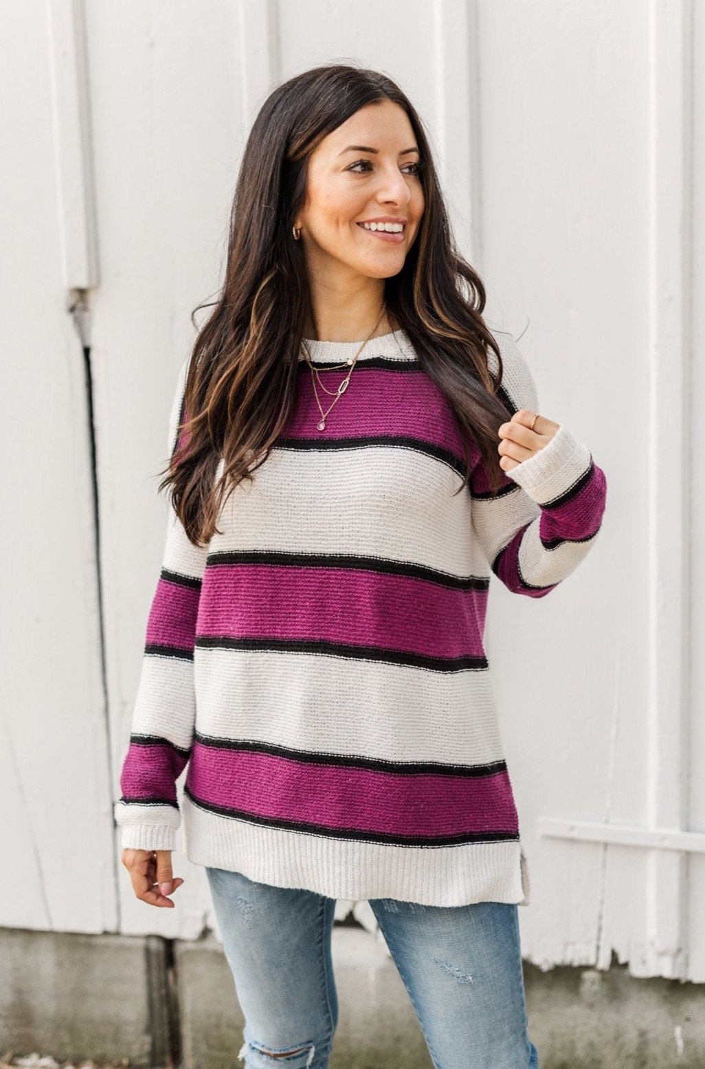 Oh So Soft Striped Knit Sweater- Magenta