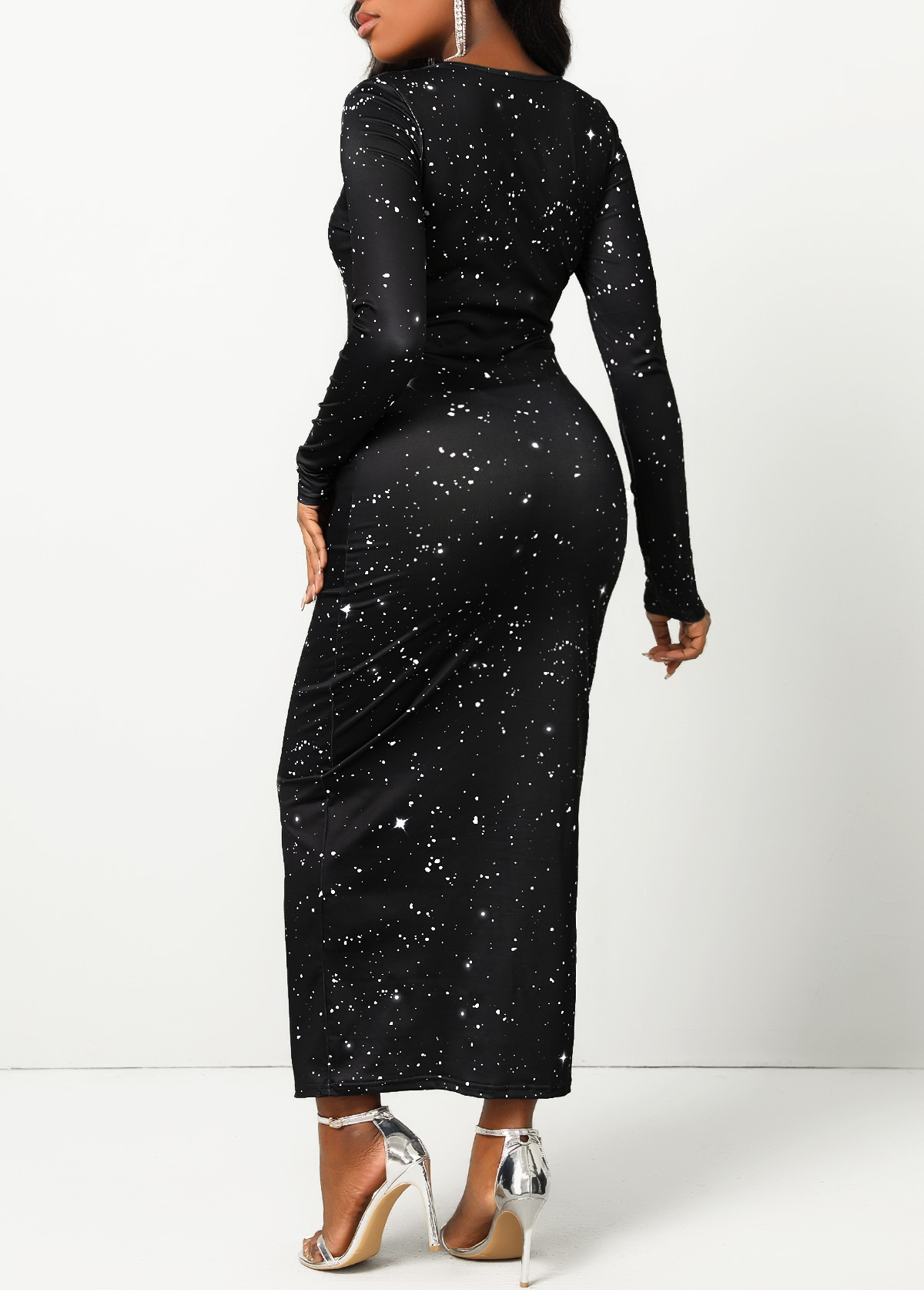 Galaxy Print Cage Neck Black Maxi Dress