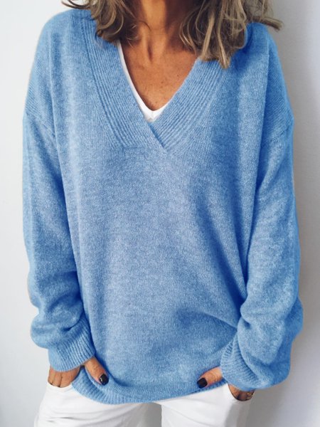 Cotton-Blend Long Sleeve V Neck Tops