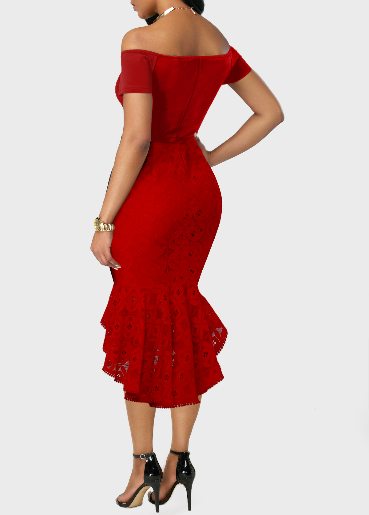 Off Shoulder Red Lace Stitching Mermaid Dress