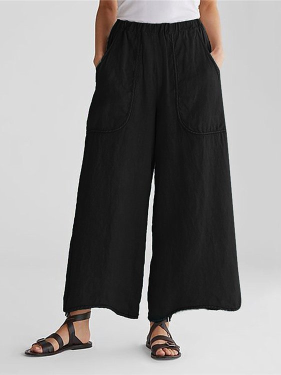 Women's Cotton Linen Wide Leg Mid Waist Casual Trousers With Insert Pockets