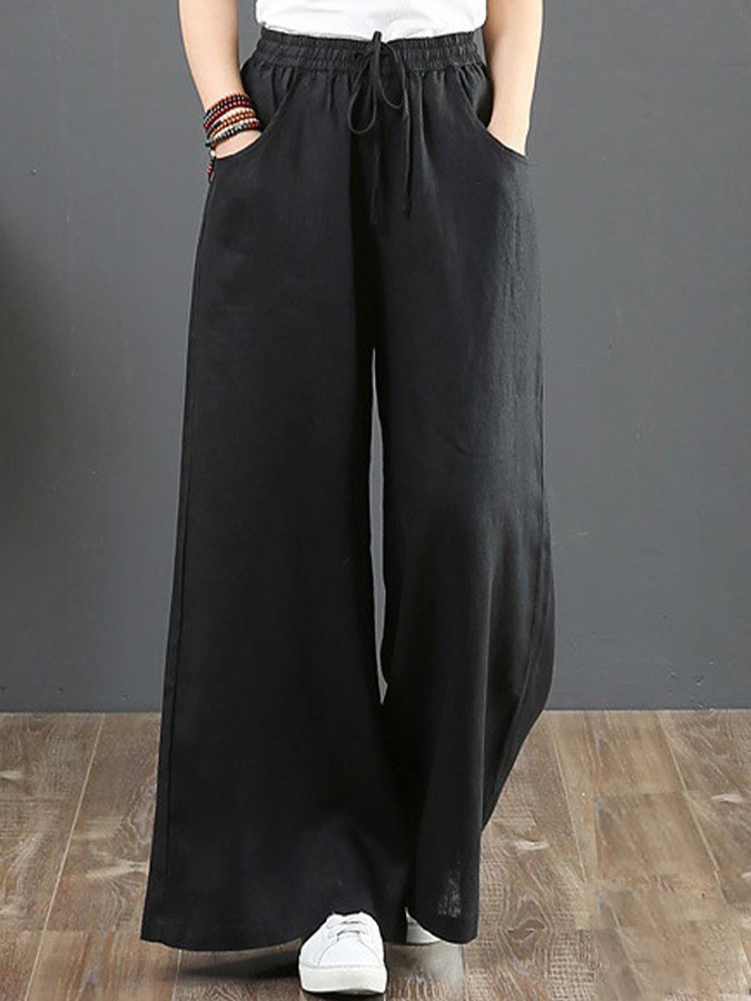 Women's cotton linen high waist mopping pants straight trousers casual pants wide leg pants