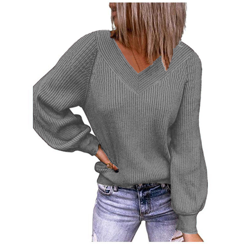 Women's Solid V-Neck Long Sleeve Pullover Knit Top Sweater