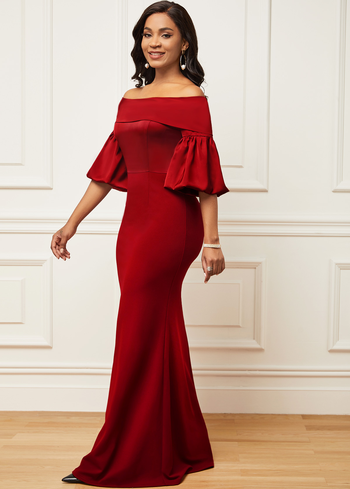 Off Shoulder Lantern Sleeve Red Mermaid Dress