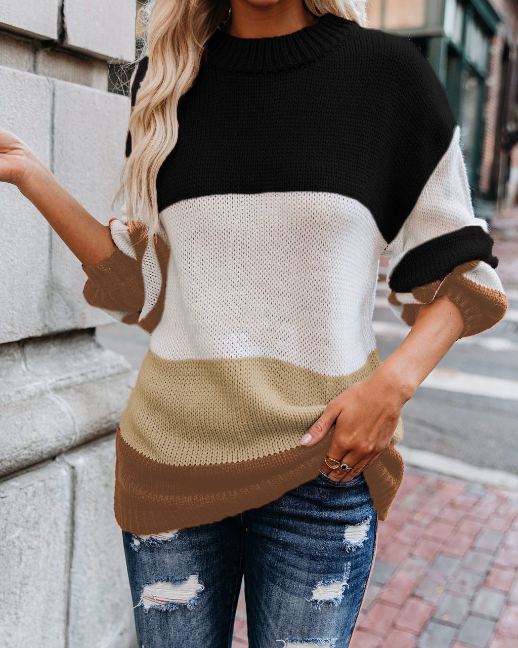 Women's Color Block Long Sleeve Sweater Top