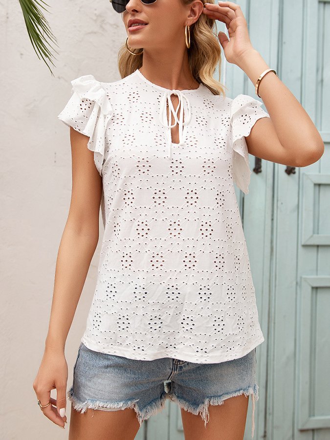 Women's Hollow Lace Up Round Neck Ruffle Sleeve T-shirt