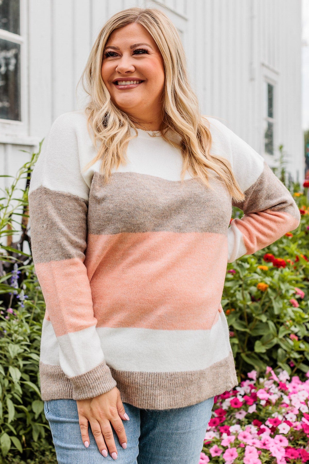 Unleash Your Shine Color Block Sweater- White, Mocha, & Pink