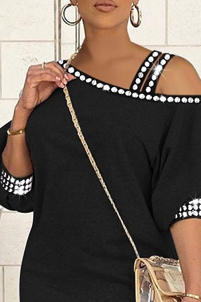 Women's Plus Size Work Dress Pure Color Spaghetti Straps 3/4 Length Sleeve Winter Fall Stylish Elegant Midi Dress Formal Work Dress