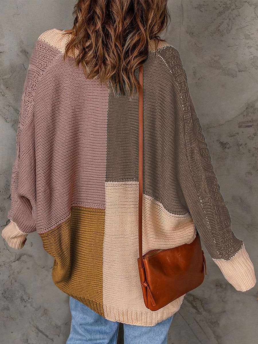 Casual Loose Sweater Contrast Panel Cardigan