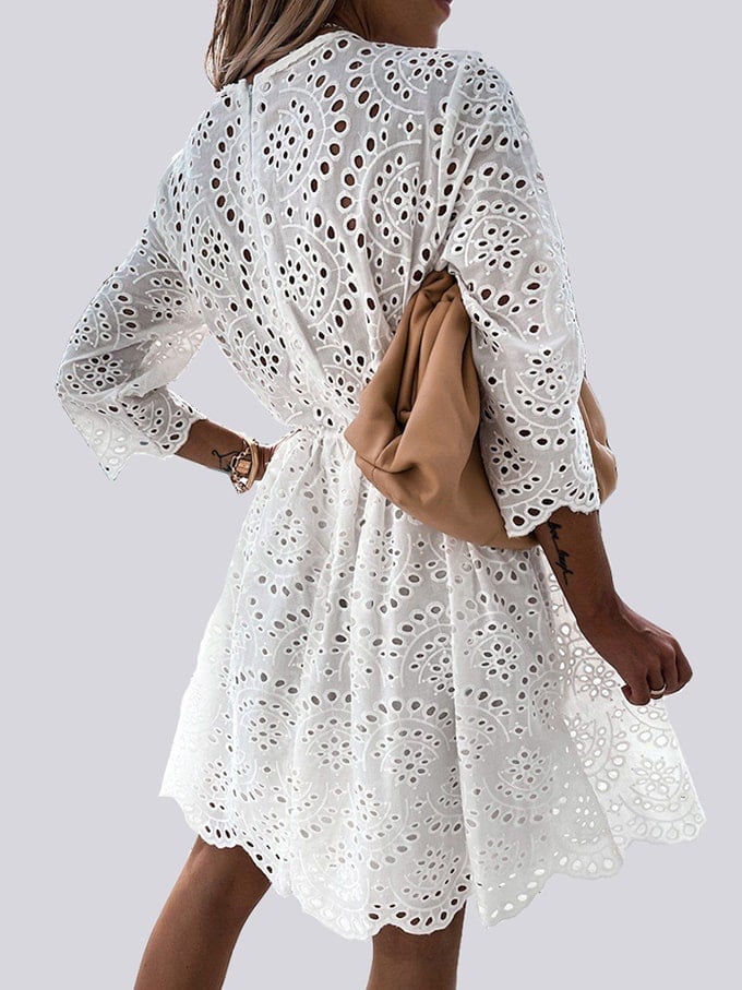 Women's Solid Color Lace Hollow Waist Dress