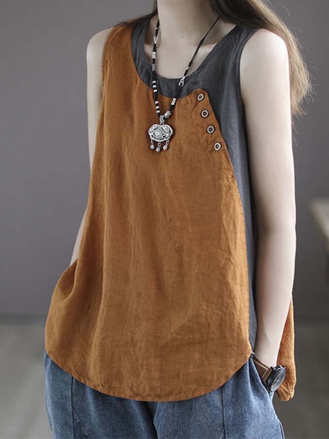 Women's Cotton Linen Colorblock Button Loose Sleeveless Top