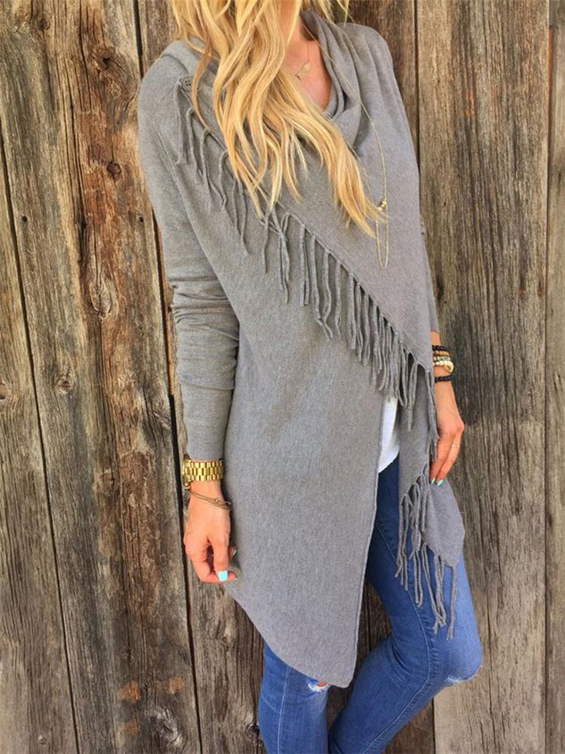 Knitted Long Sleeve Asymmetrical Fringed Solid Plus Size Sweater