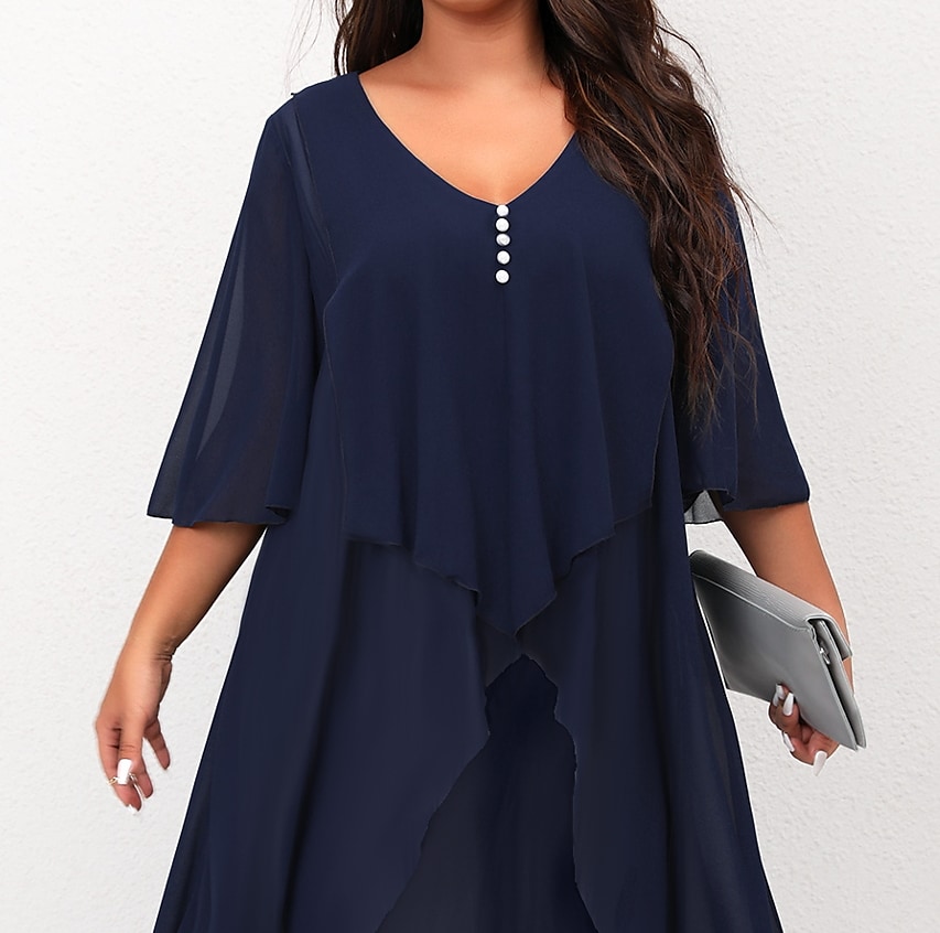 Women's Plus Size A Line Dress Solid Color V Neck Ruched Half Sleeve Fall Winter Basic Midi Dress Daily Vacation Dress / Cotton