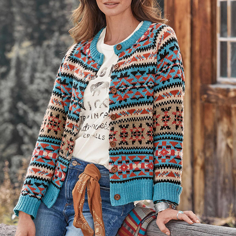 Fair Isle Contrast Geometric Jacquard Sweater Cardigan
