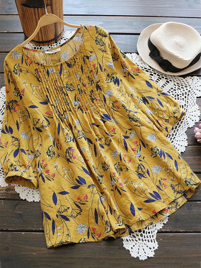 Women's Cotton Linen Print Crew Neck Loose Top