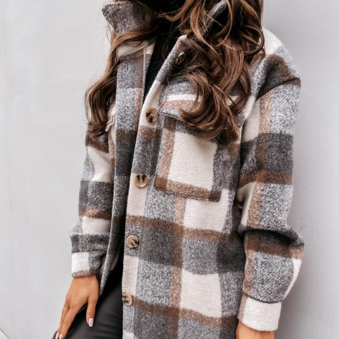 Elegant plaid design long sleeve women coat