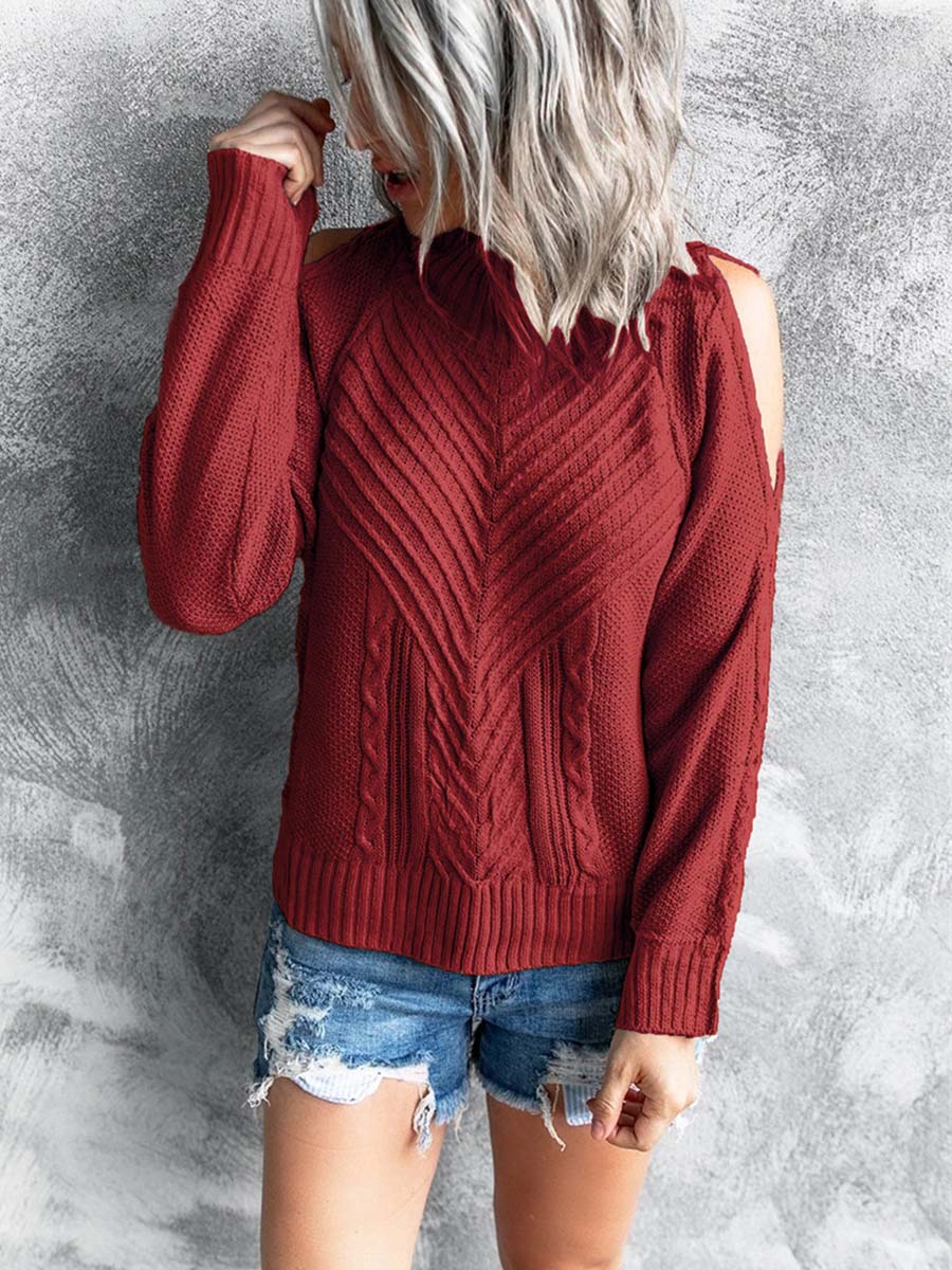 Solid Color Off-shoulder High Neck Sweater