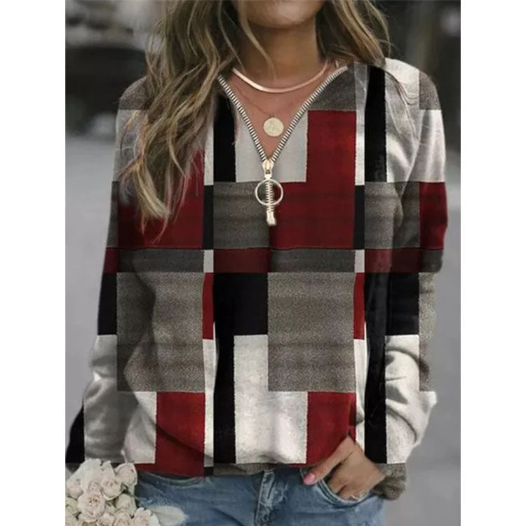 Women's Plaid Zip Long Sleeve Top Sweater