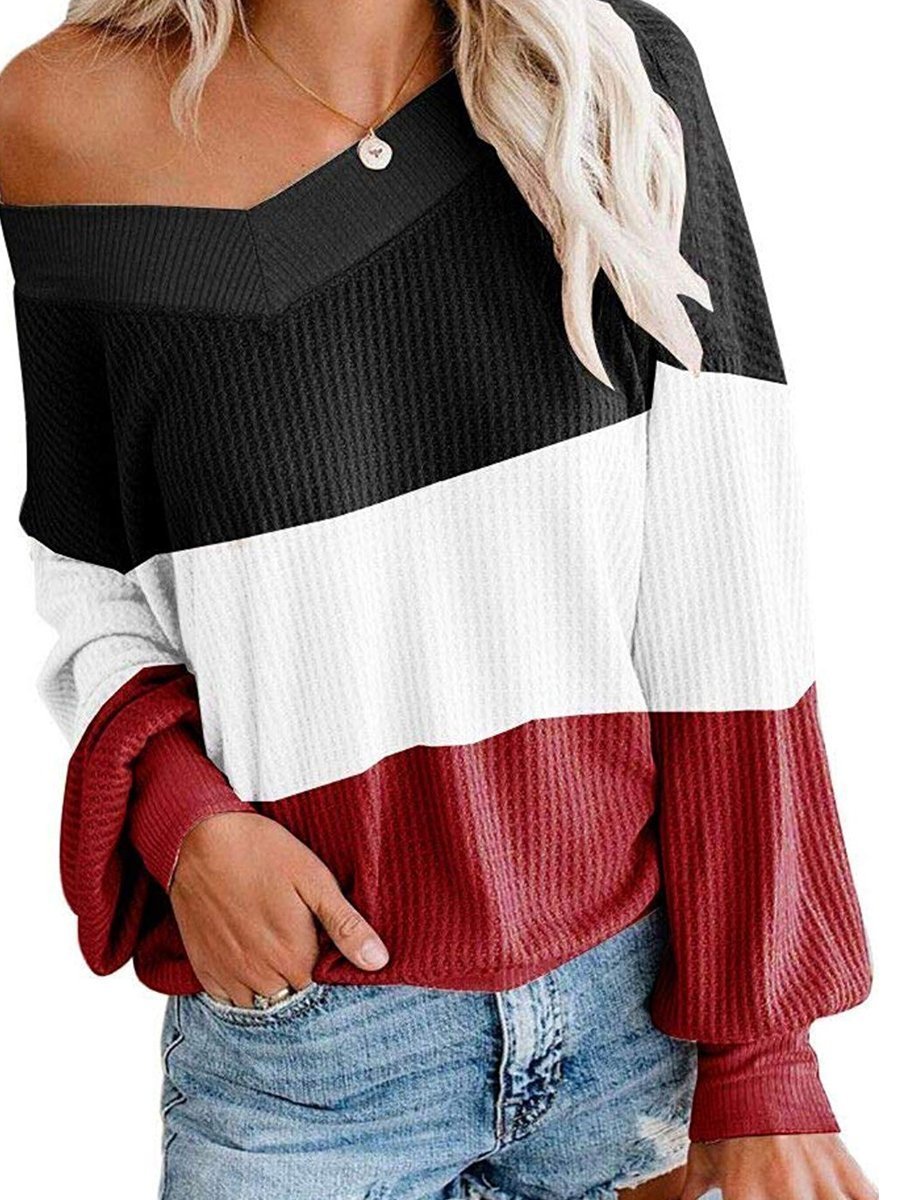 V-neck Bat Sleeve Three Color Patchwork Loose Sweater