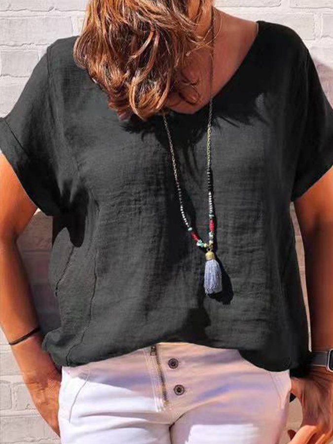 Women's Casual Loose Comfortable Simple V-Neck Short Sleeve T-Shirt