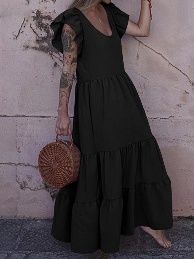 Women's Solid Color Ruffle Sleeved Pleated Skirt