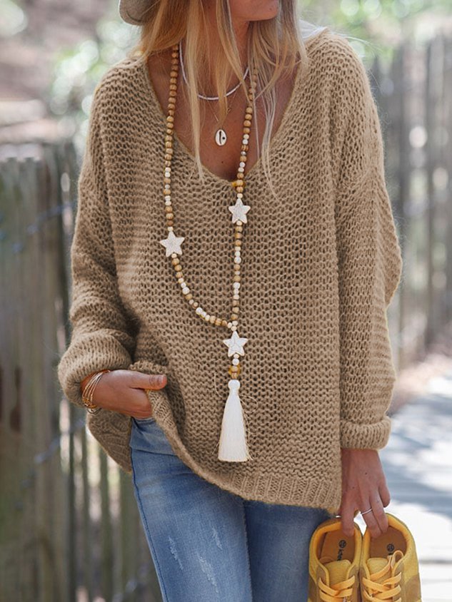 Yellow Long Sleeve Solid V Neck Knitted Sweater