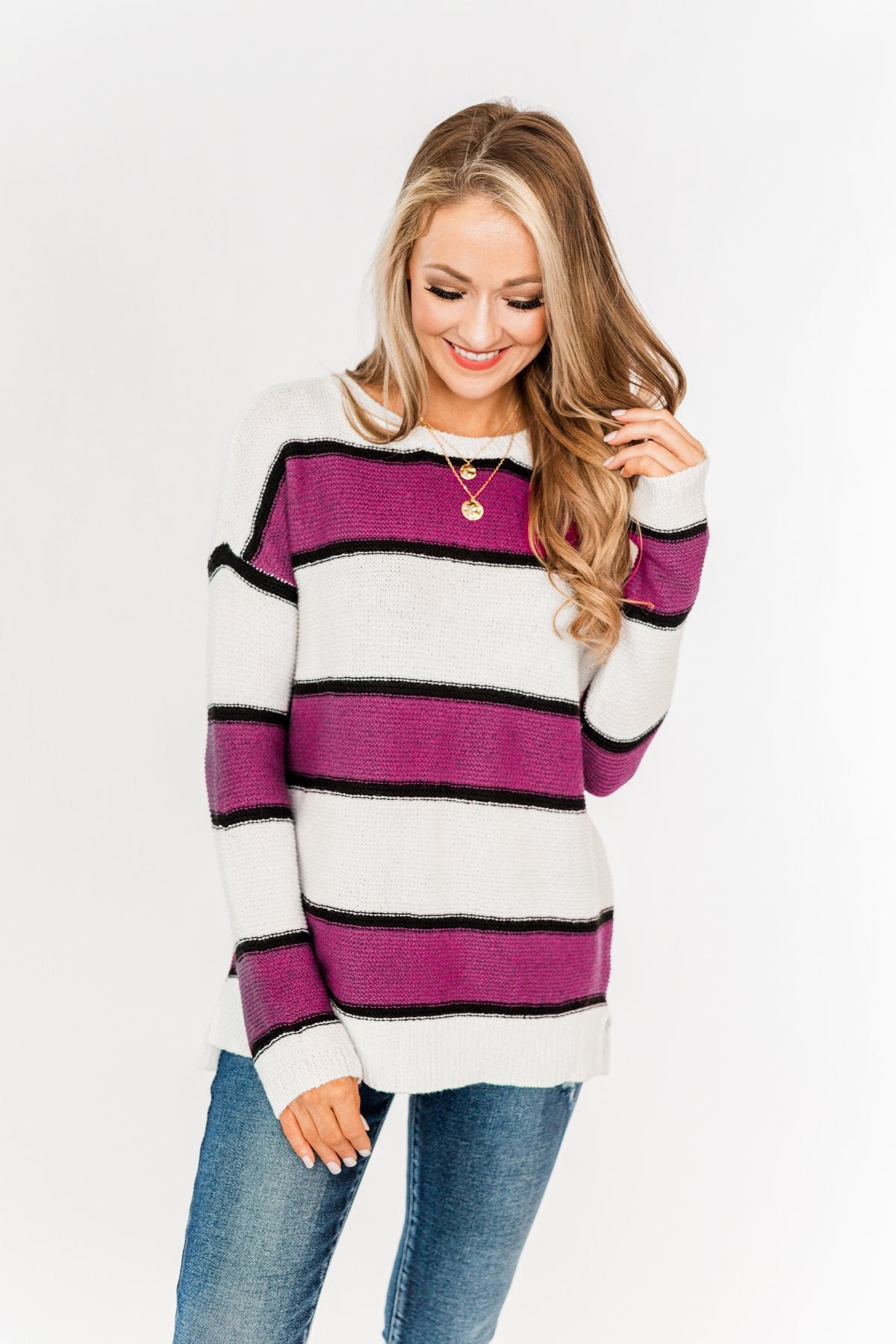 Oh So Soft Striped Knit Sweater- Magenta