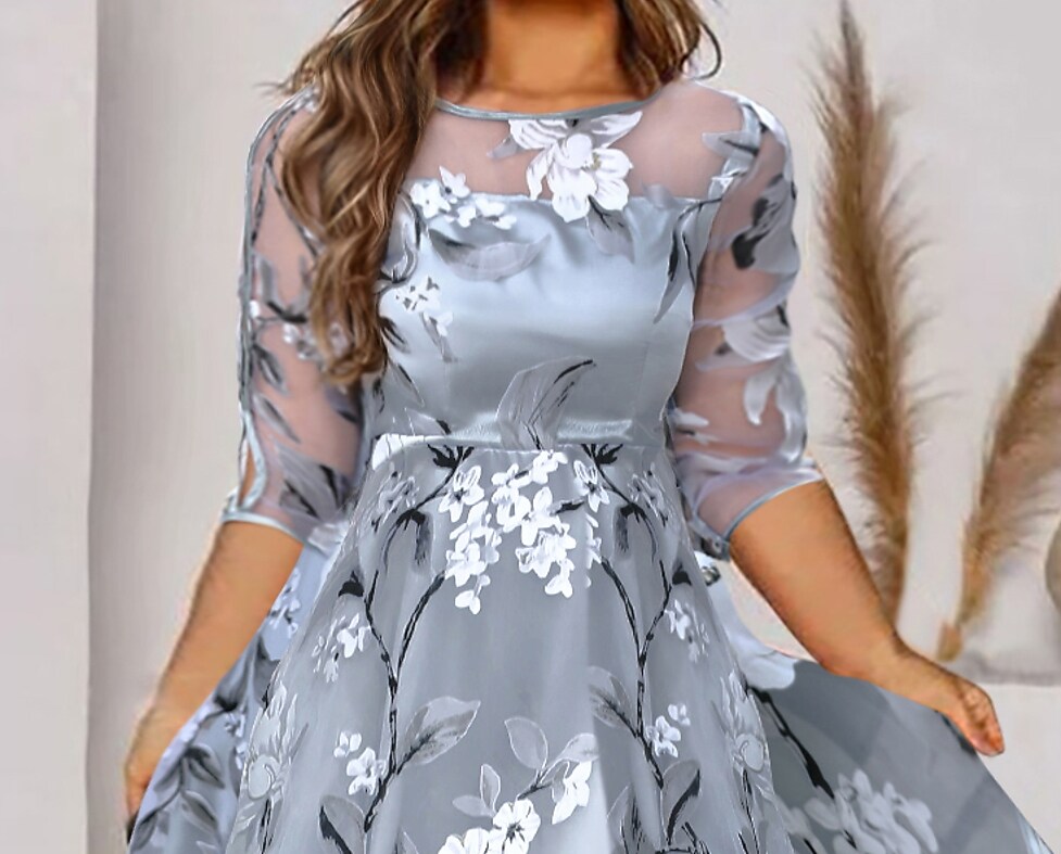 Women's Plus Size A Line Dress Floral Round Neck 3/4 Length Sleeve