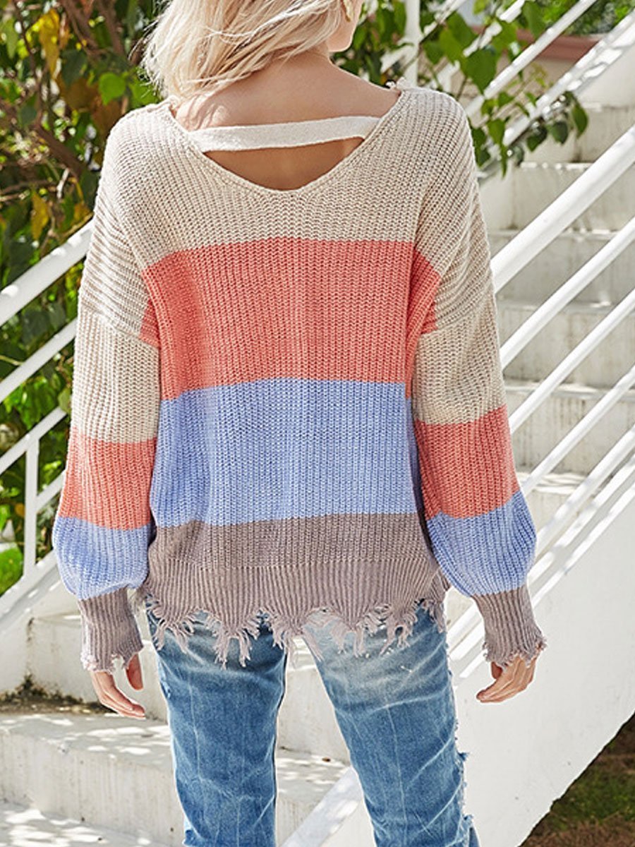V-neck Stripes Contrast Color Knitted Backless Sweater